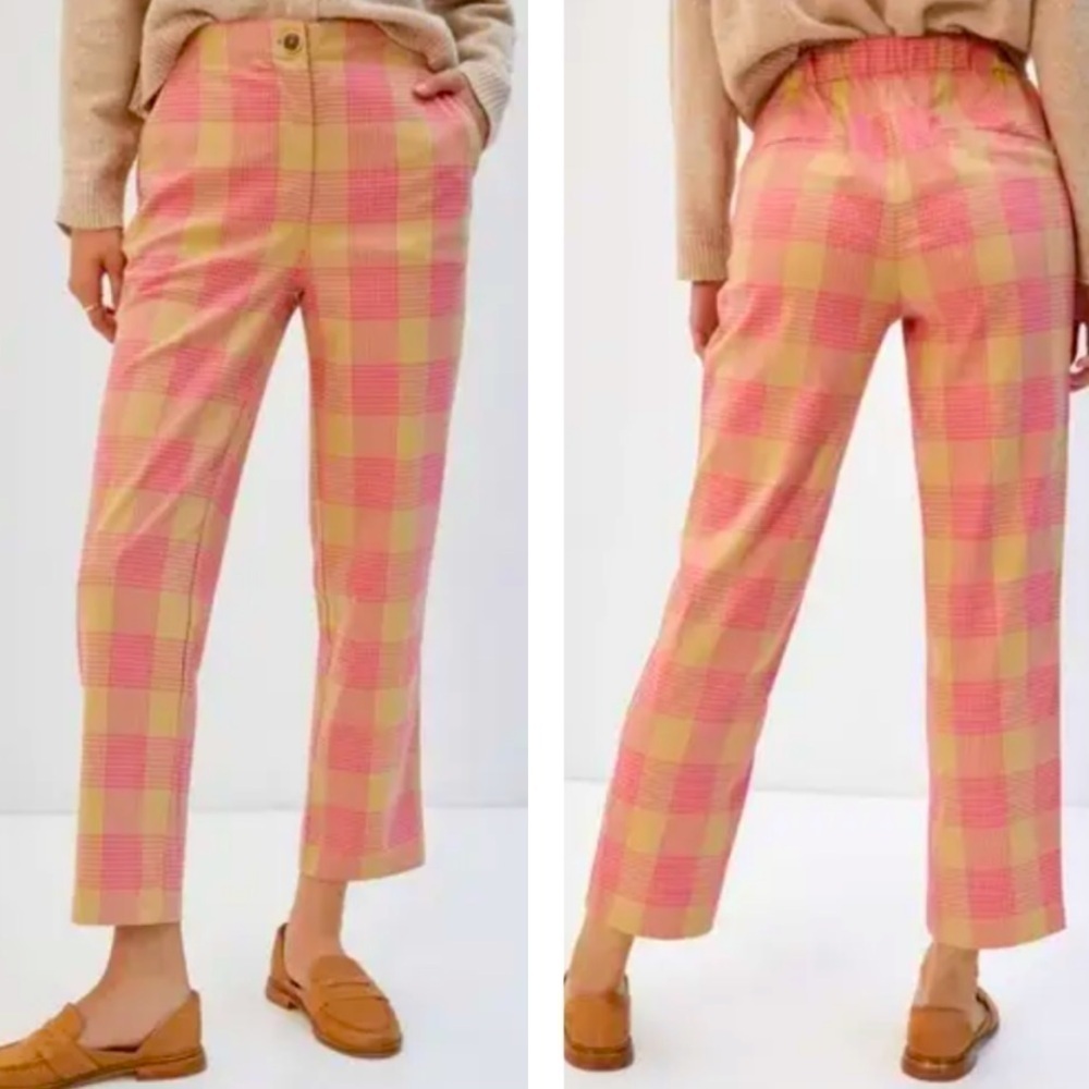 Anthropologie Maeve Plaid Tapered Pants Pink/Tan Color Elastic Back Waist SZ 0